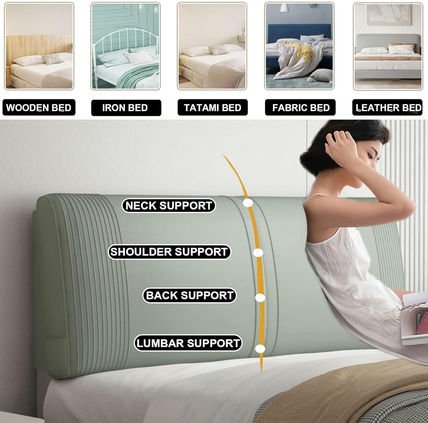 AMNOOL Solid Color Headboard Upholstered Large Backrest Faux Leather Bedside Support Cushion,Rectangle Wall Pillowboard Waterproof Daybed Bedroom Bolster