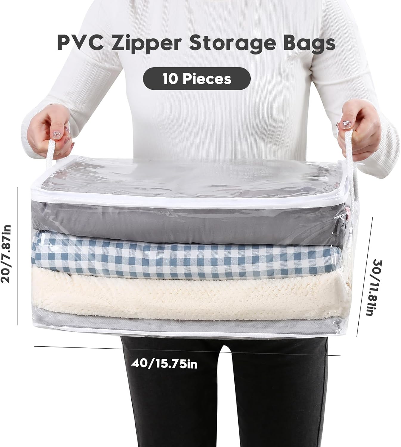 10 PCS Clear Zippered Storage Bags with Handle,Sweater Storage with Zipper,Foldable Closet Organizer Bed Sheet Organizer,Cube Plastic Organizer,Bag,Bin for Clothes,Towel-15.7 * 11.8 * 7.9