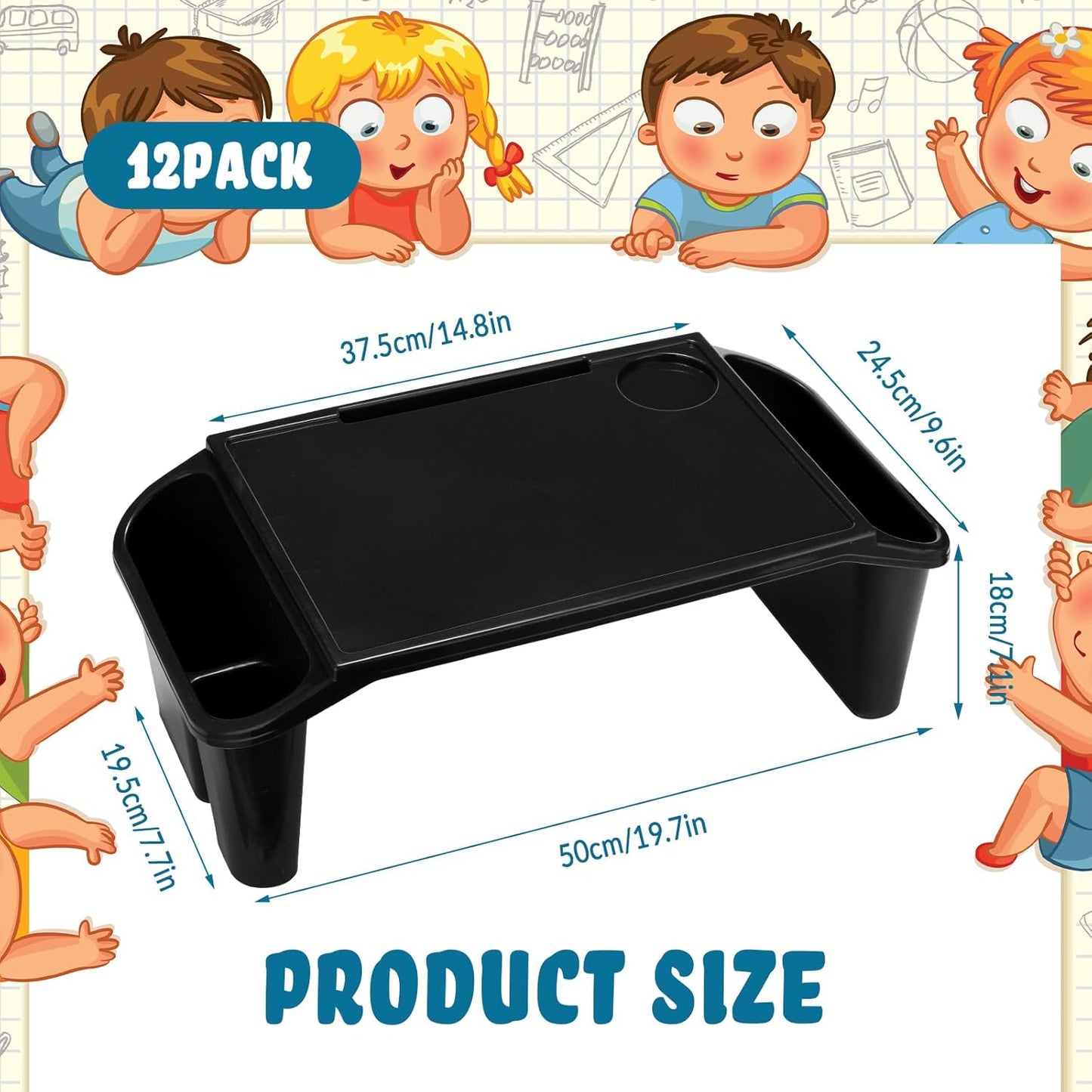 Kisston 12 Pcs Kids Lap Desk Bulk Tray Lap Table Bed Table Plastic Desk with Extra Storage Space Activities Children Portable for Kids Students Work Study School Classroom(Black)