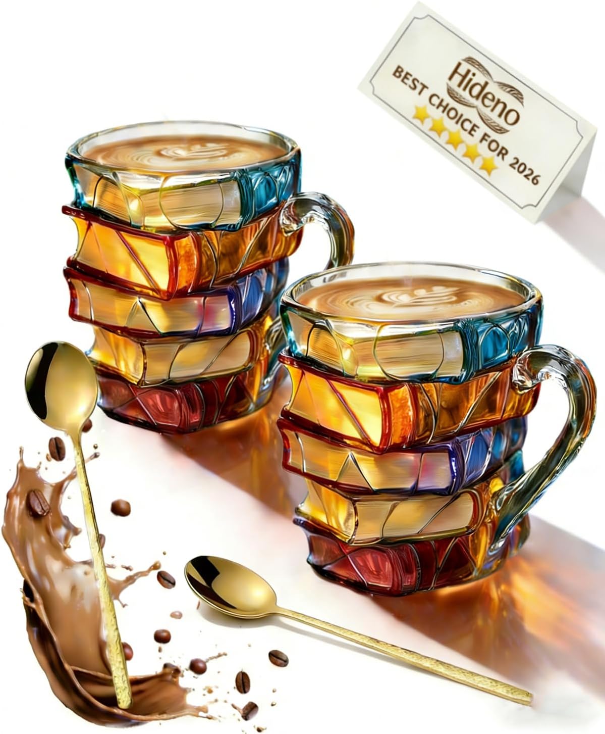 2PCS Chapter Book Mug Glass 3D Book Mugs Birthday Gift For Women Stained Glass Cups with Stack Design Artistic Reading Coffee Cup Unique Literary Friendship Gifts for Women Friends & Readers