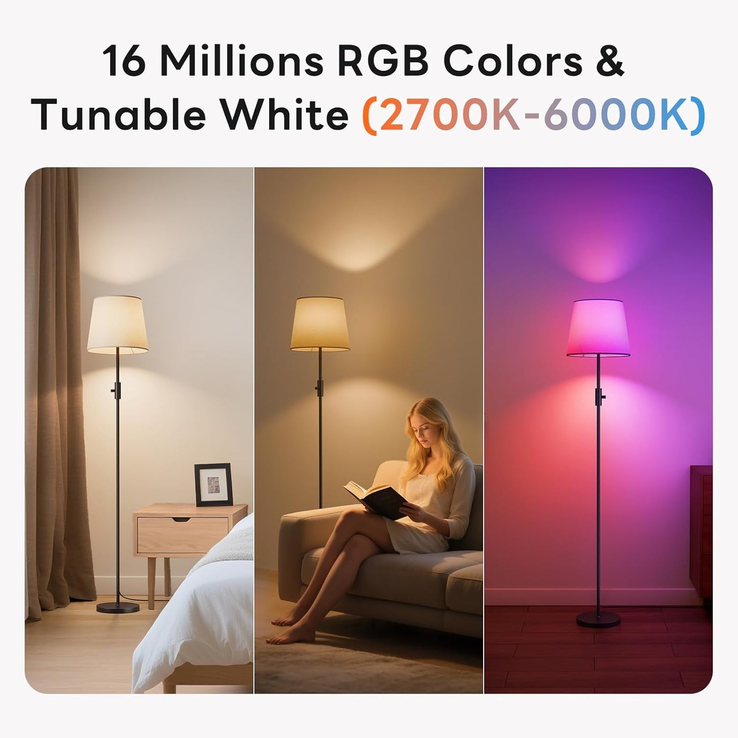 Smart Floor Lamp with RGBCW Color Change Bulb, Compatible with Alexa, Siri, Google Voice & App Control, Standing Lamp with Linen Shade, Tall Lamp for Living Room, Bedroom, Office,Black