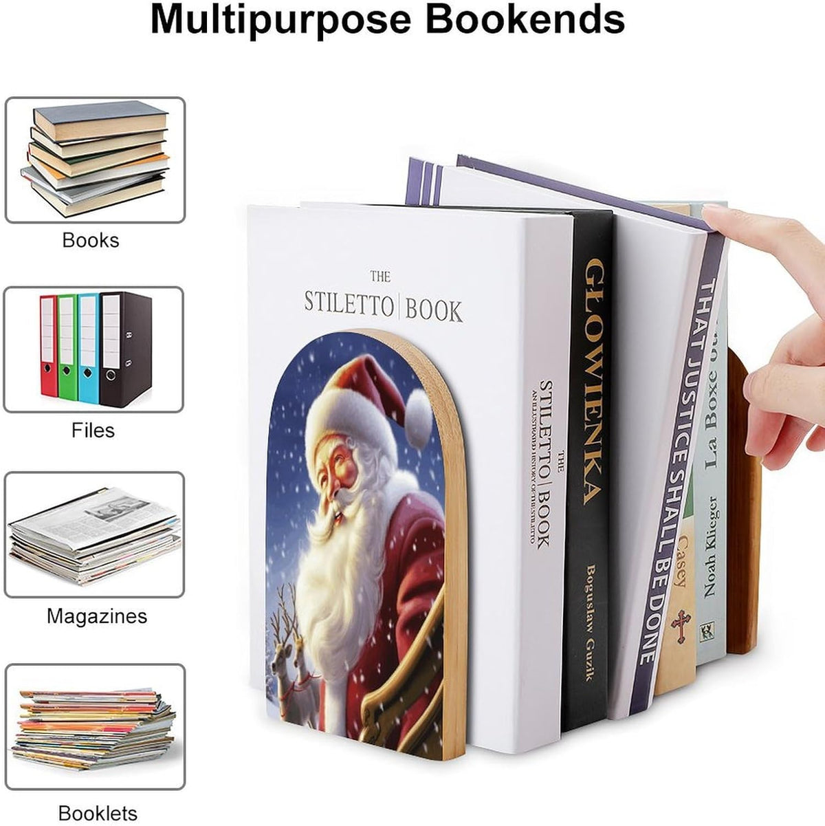Santa Claus Wooden Bookend Non-Slip Book Ends Heavy Duty Book Stopper with Metal Base Books Holderd Decorative Bookends Stands Firmly for Office Supplies