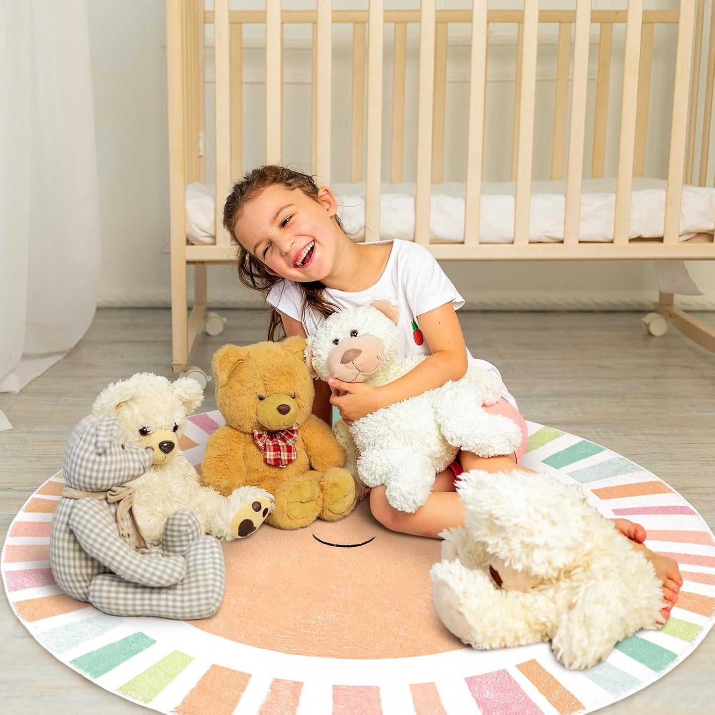 Boho Sun Round Rug 4 Ft Cute Colorful Sunshine Circle Area Rug Washable Non-Slip Throw Soft Carpet for Home Kindergarten Reading Nook Playroom Living Room Dining Room Decor