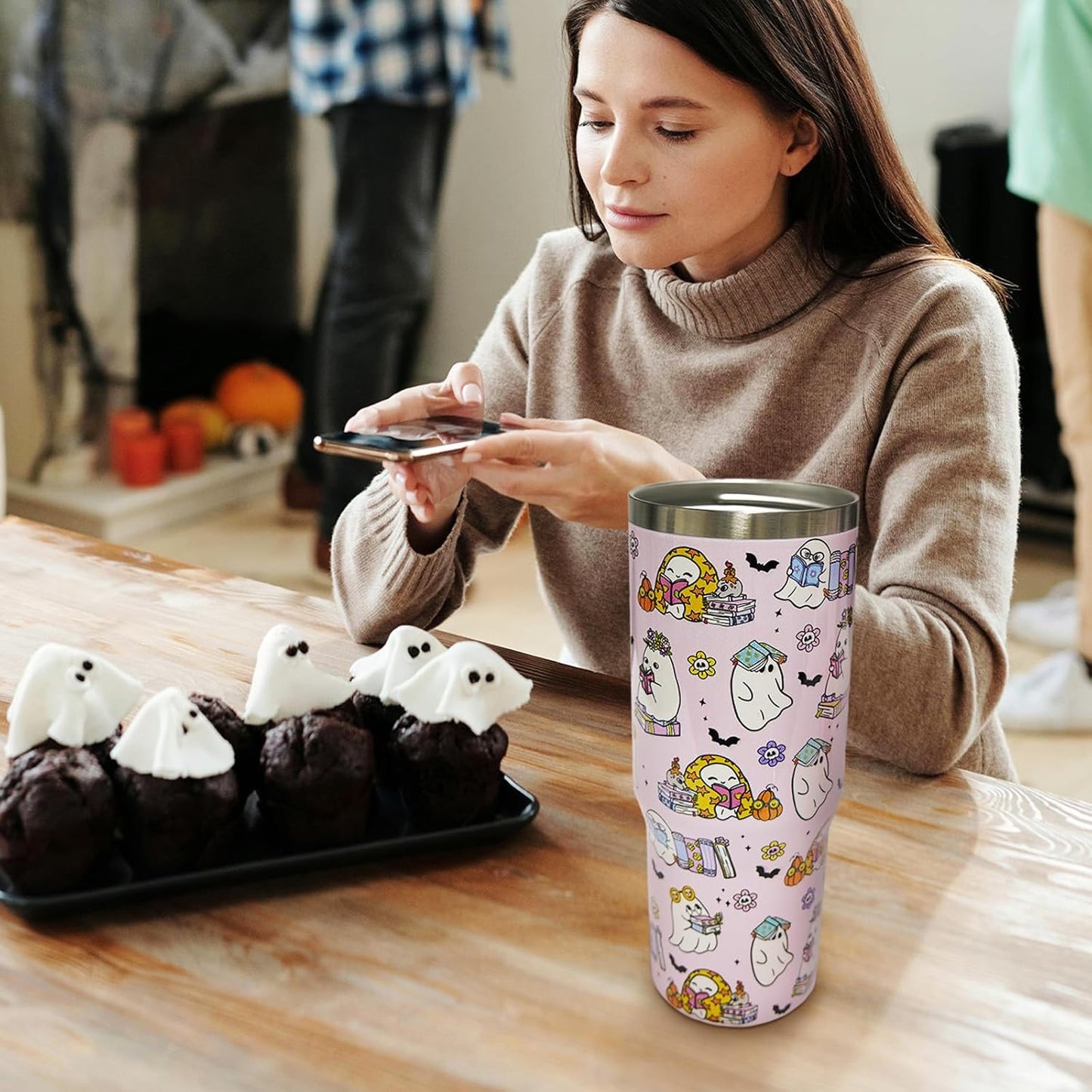 30oz Halloween Tumbler with Handle and Straw, Pink Ghost Insulated Tumbler, Leak Proof Travel Coffee Mug, Reusable Stainless Steel Ghost Tumbler, Halloween Gifts for Women (pink white)