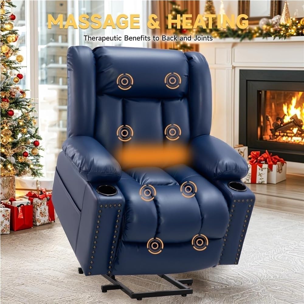 Large Power Lift Recliner Chair for Elderly Heated Massage Overstuffed Adjustable Leather Lounge Seat Three Position Electric Sofa Cup Holder Comfortable Supportive