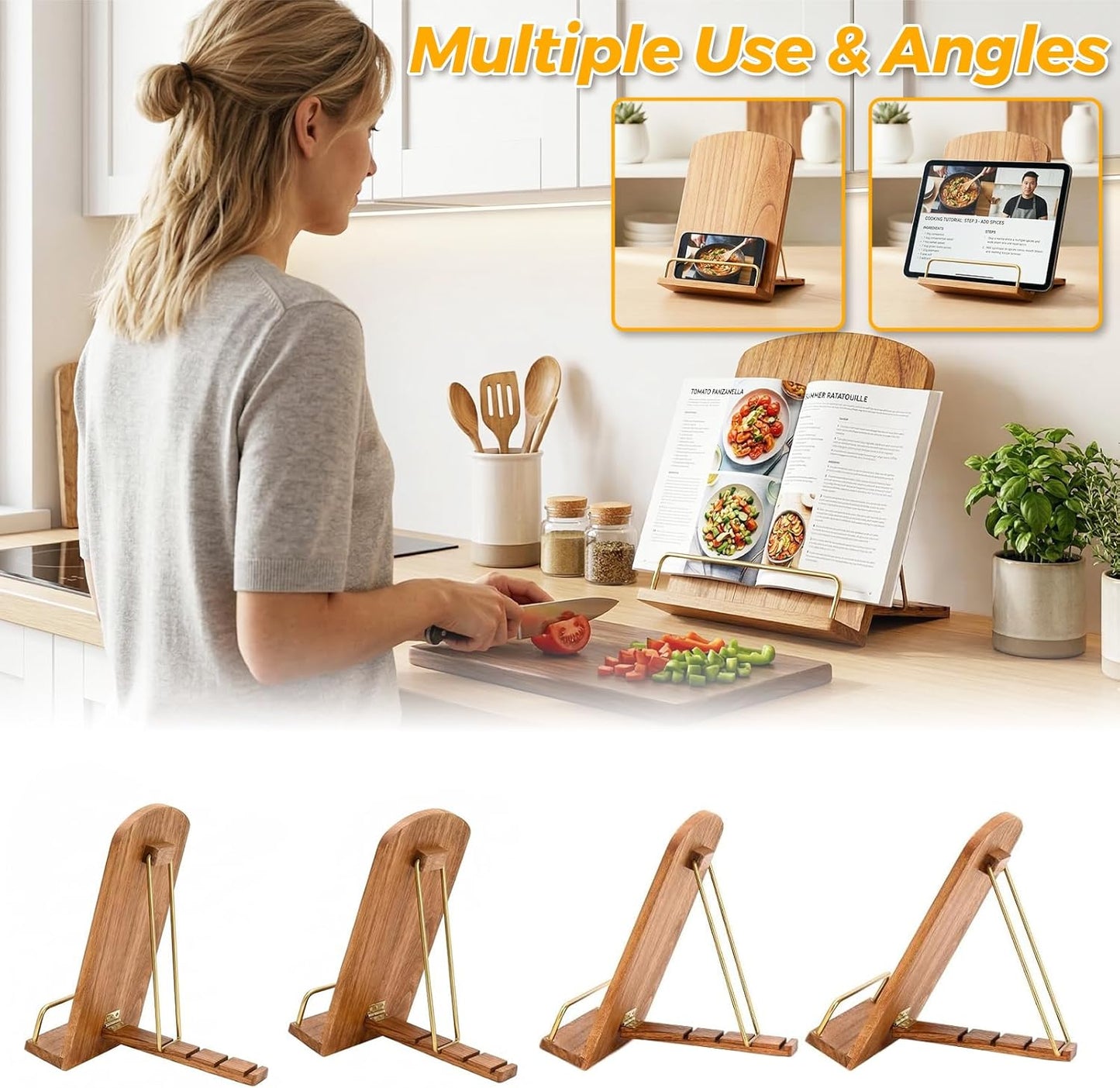 Cookbook Stand for Kitchen Counter, Wooden Recipe Book Holder for Reading Hands Free, Adjustable Cook Book Stand Wedding Retirement Gift for Woman Valentines Day Birthday Home Shelf Decor