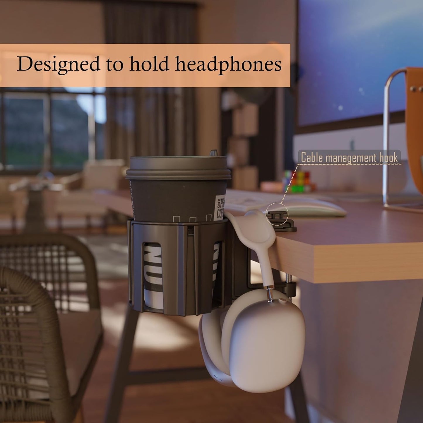 Original Large Desk Cup Holder Clamp – Cup-Holster, The Anti-Spill Cup Holder Mount for Your Table, Office & Gaming Setup – Multi-Directional Drink Holder & Headphone Hanger