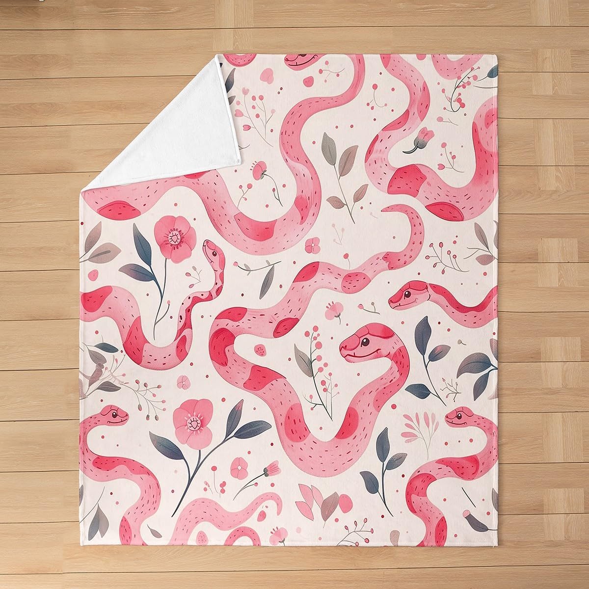 Pink Snake Throw Blanket Watercolor Pink Gray Flowers Decor Bed Blanket for Kids Teens Adults Cute Cartoon Wild Snake Animal Decor Flannel Blanket for Bedroom Throw 50x60