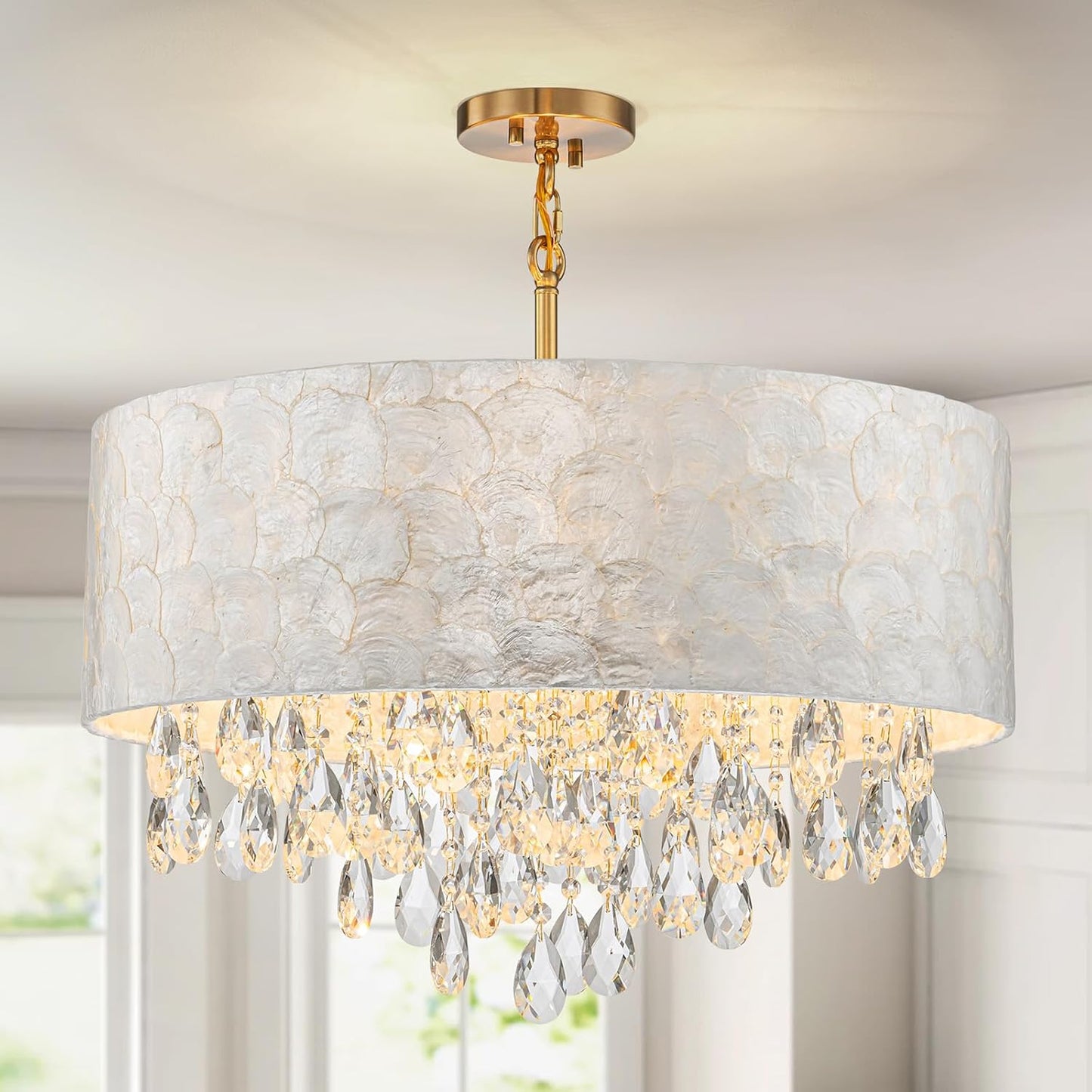 X-Large 6-Light Drum Capiz Shell Crystal Chandeliers, Coastal Style Pendant Light Fixture for Dining Room, Living Room, D24 x H23~71 inch(Adjustable), Shell Lampshade & Gold Finish