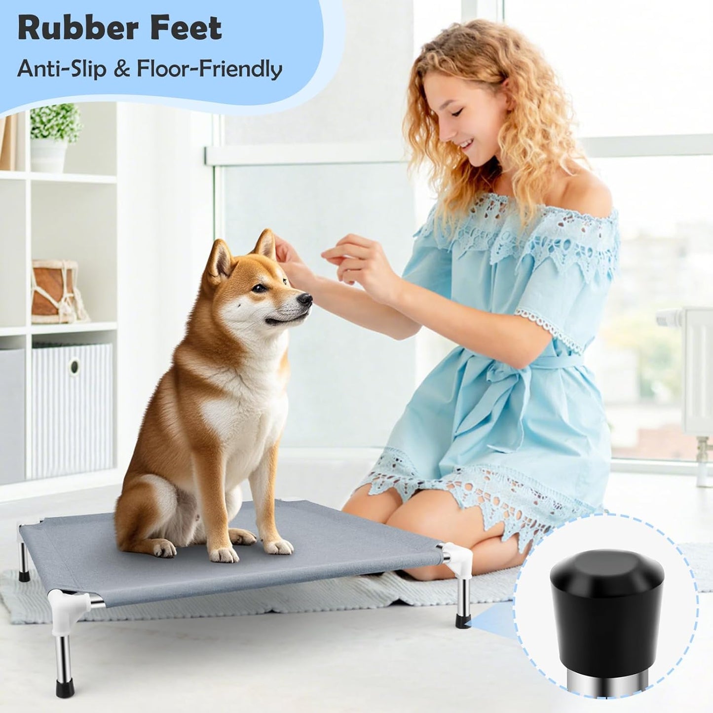 Elevated Cooling Dog Bed, Raised Outdoor Dog Bed for Medium Dogs, Portable Pet Cots with No-Slip Rubber Feet, Double Layer Polyester Cotton