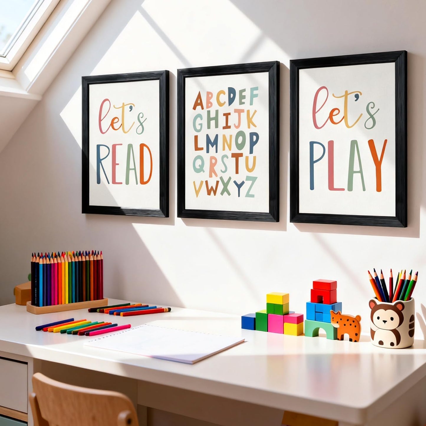 3 PCS Alphabet Numbers Framed Playroom Wall Decor, 16x11 Classroom Must Haves Kids Art Alphabet Poster, Educational ABC Wall Decor for Nursery, Classroom, Boy Girl Room, Black