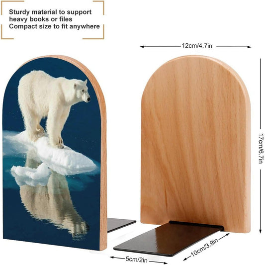 Polar Bear Wooden Bookend Non-Slip Book Ends Heavy Duty Book Stopper with Metal Base Books Holderd Decorative Bookends Stands Firmly for Office Supplies