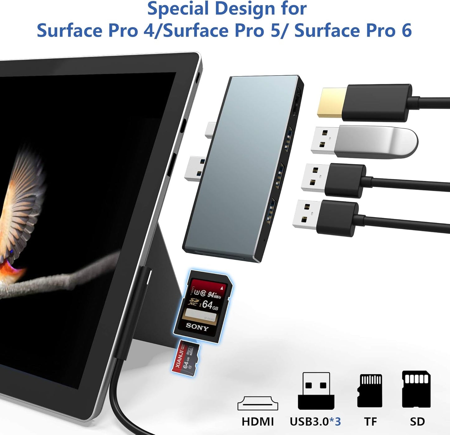 Surface Pro 6/ Pro 5/ Pro 4 Docking Station USB Hub, Surface Pro Docking Station with 4K HDMI, 3X USB3.0 Ports, SD/TF Card Reader, Accessories for Microsoft Surface Pro 4/5/6