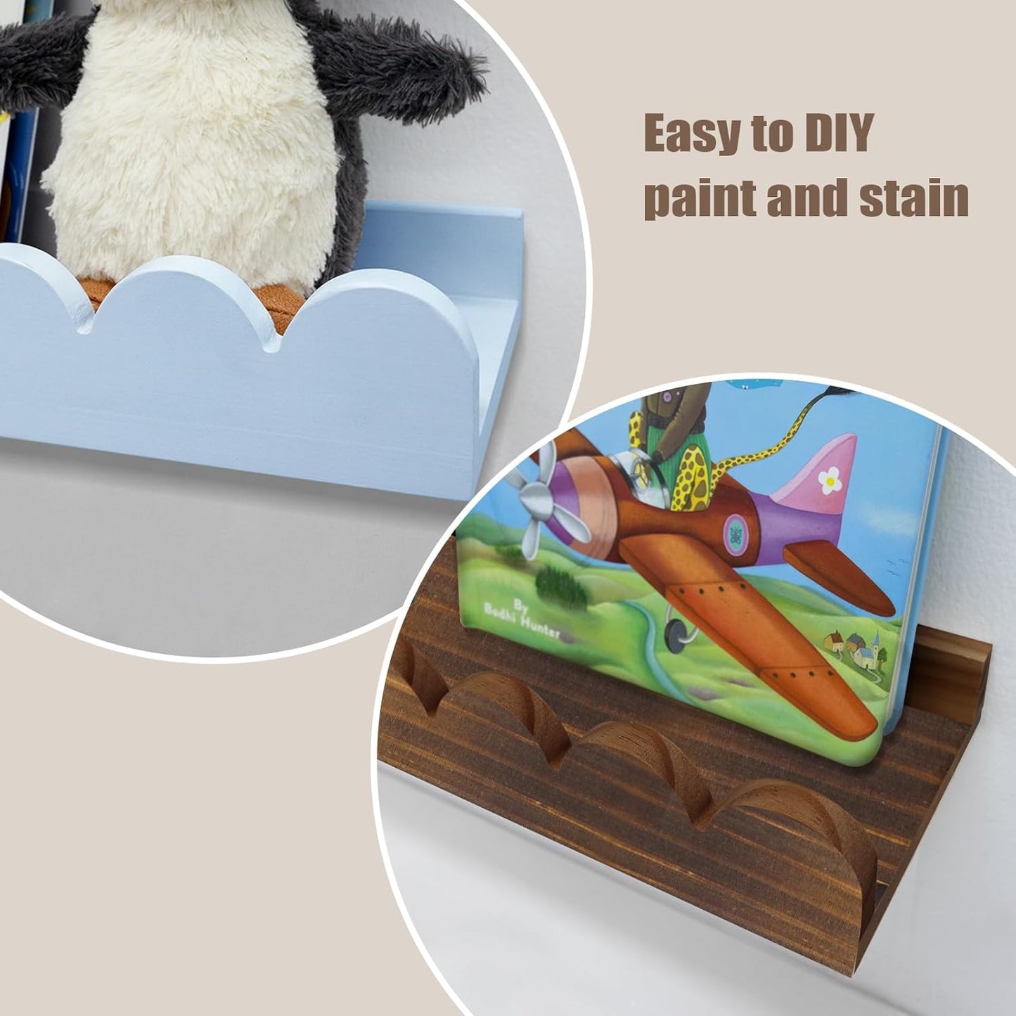 Wall Book Shelves for Bedroom Kids with Hooks - Scalloped Shelves for Nursery Set of 3, Nursery Bookshelf for Wall Room Decor, 16 Inch