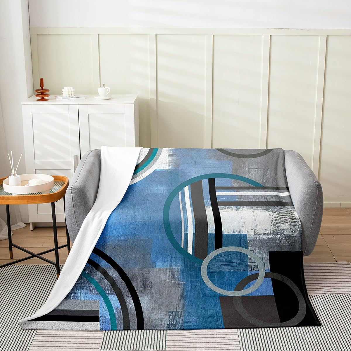 Erosebridal Blue Black Gray Throw Blanket Queen 90x90,Ombre Watercolor Fleece Blanket,Geometric Stripe Circles Sherpa Blanket,Oil Painting Bed Blanket,Modern Artwork Flannel Blanket Warm