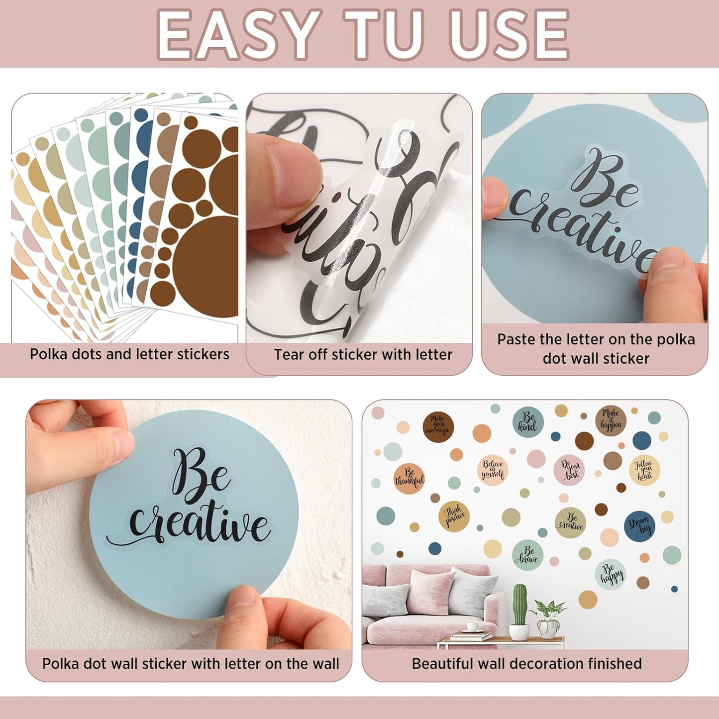 Tallew 576 Pcs Polka Dot Wall Decals Inspirational Wall Decal for Classroom Motivational Quote Circle Wall Sticker Removable Lettering Positive Saying Sticker for Dance Yoga Gym(Morandi Color)