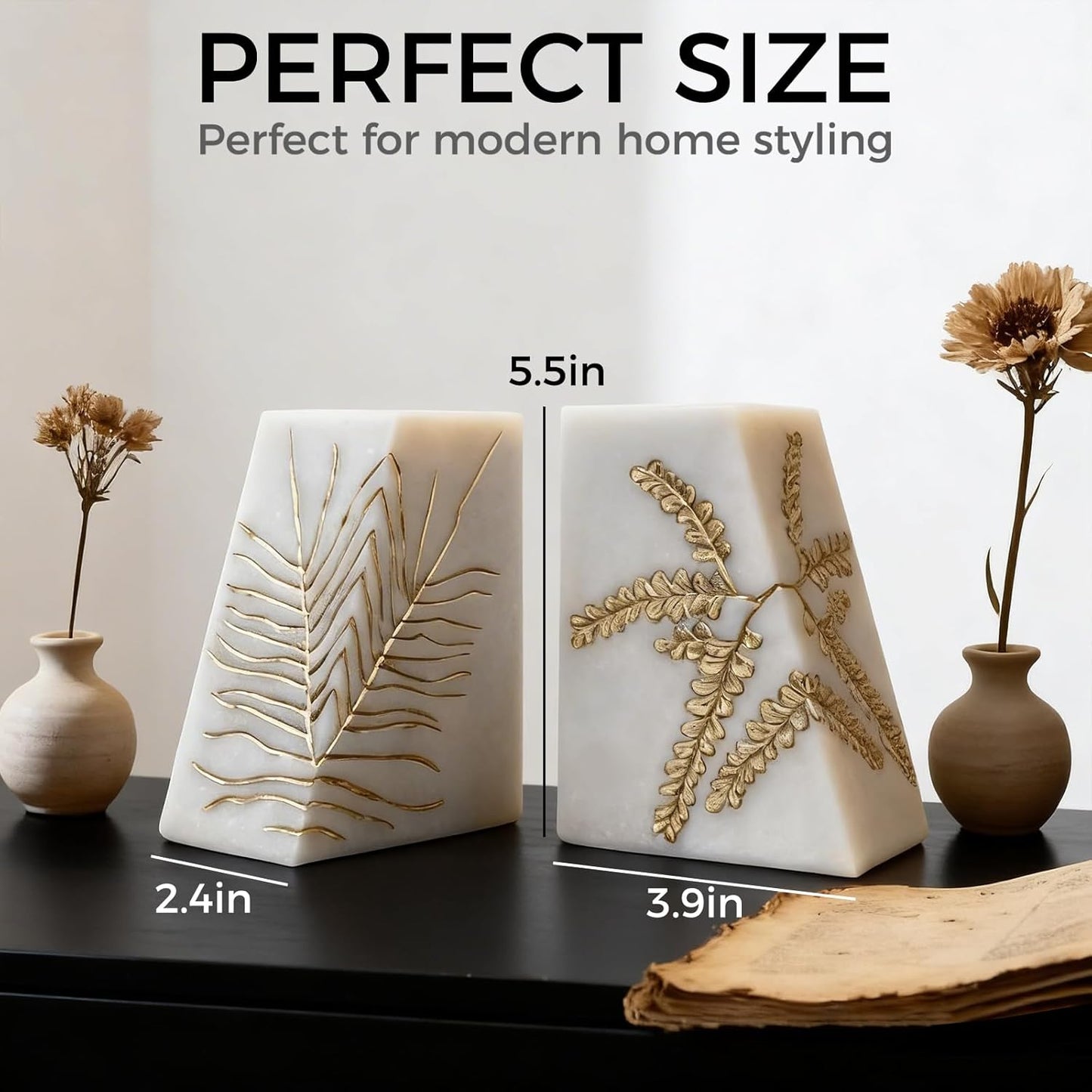 Heavy Duty Book Ends for Shelves, Decorative Book Ends for Heavy Books, Resin Modern Bookends with Marble Texture & Gold Botanical Detail, Minimalist Bookends for Home Decor, Set of 2