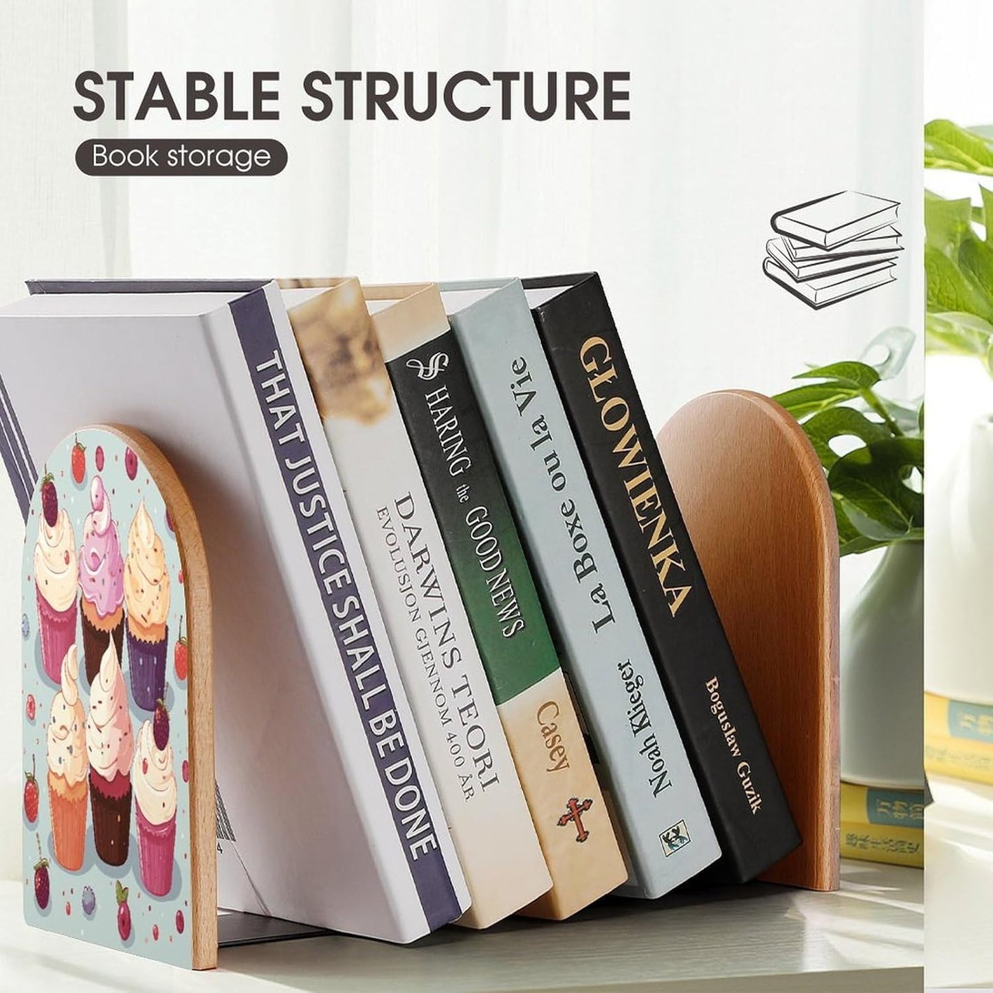 Delicious Cupcakes Bookend for Shelves Wooden Book End Large Size Sturdy Book Holders Stoppers with Metal Base for Bookshelves Slick Decorative Bookends Stands