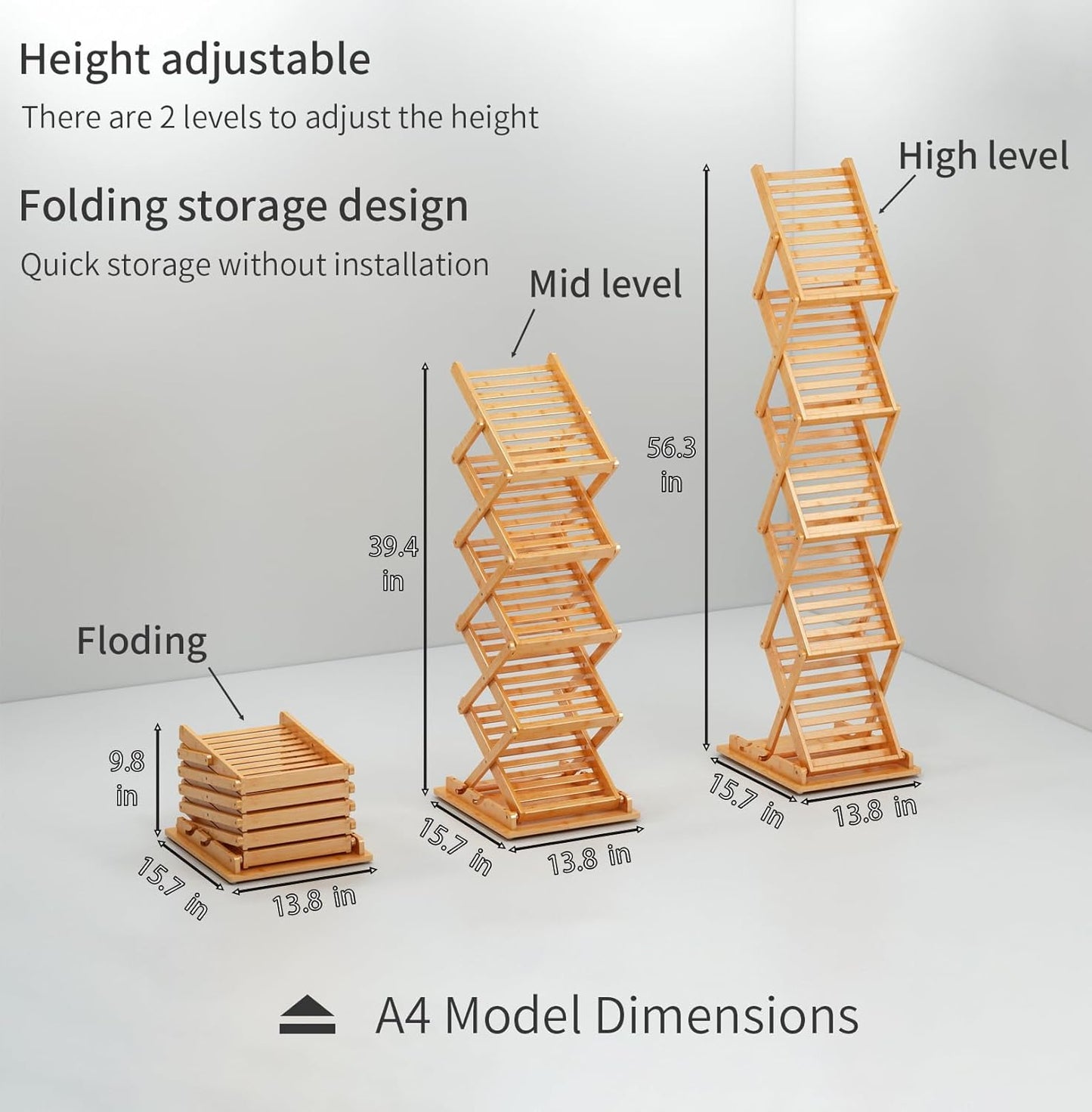 Foldable Bamboo Magazine Rack, Portable Pop-up Display Stand,Magazine Rack Floor 5 Pockets, A4 Size, for Trade Shows, Office, Retail Store