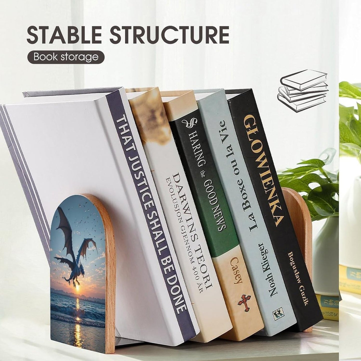Sea Sunset Flying Dragon Bookends 1 Pair Heavy Duty Book Ends for Shelves Non-Skid Bookend Supports Wooden Book Holders with Metal Base Desk Organizers Books Storage to Hold Books