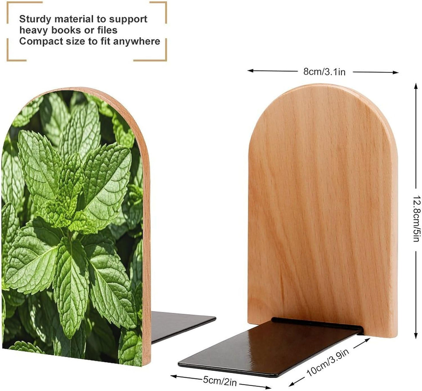 Peppermint Bookends 1 Pair Heavy Duty Book Ends for Shelves Non-Skid Bookend Supports Wooden Book Holders with Metal Base Desk Organizers Books Storage to Hold Books