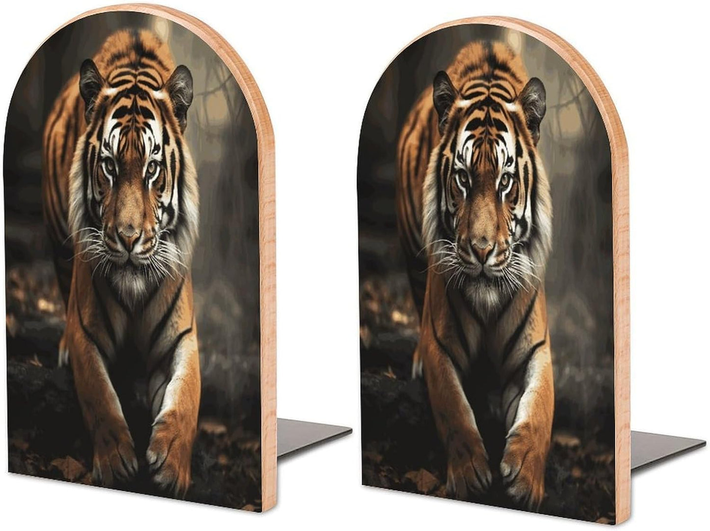 Wild Animals Tiger Bookend for Shelves Wooden Book End Large Size Sturdy Book Holders Stoppers with Metal Base for Bookshelves Slick Decorative Bookends Stands