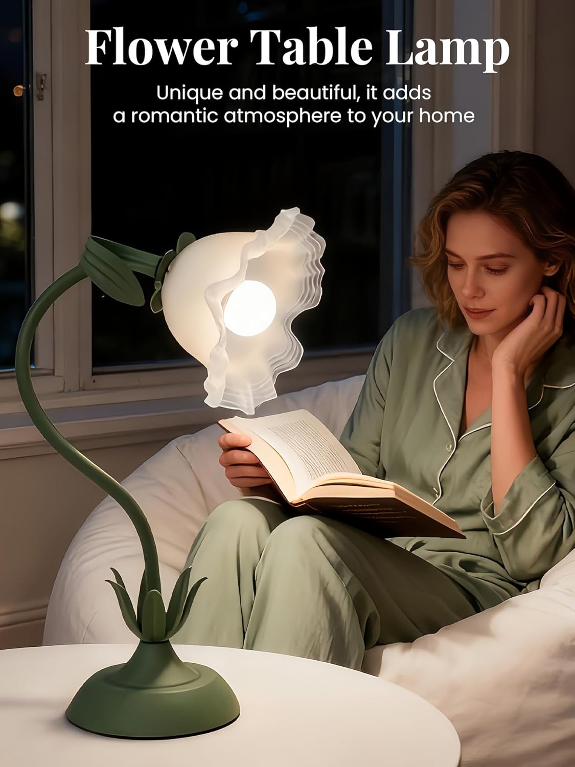 Flower Table Lamp, LED Reading Light Bedside Vintage Flower Desk Lamp, 3 Color Modes Kawaii Bedside Lamps, Nightstand Table Lamps for Living Room Office Bedroom Lighting Home Decor (Green)