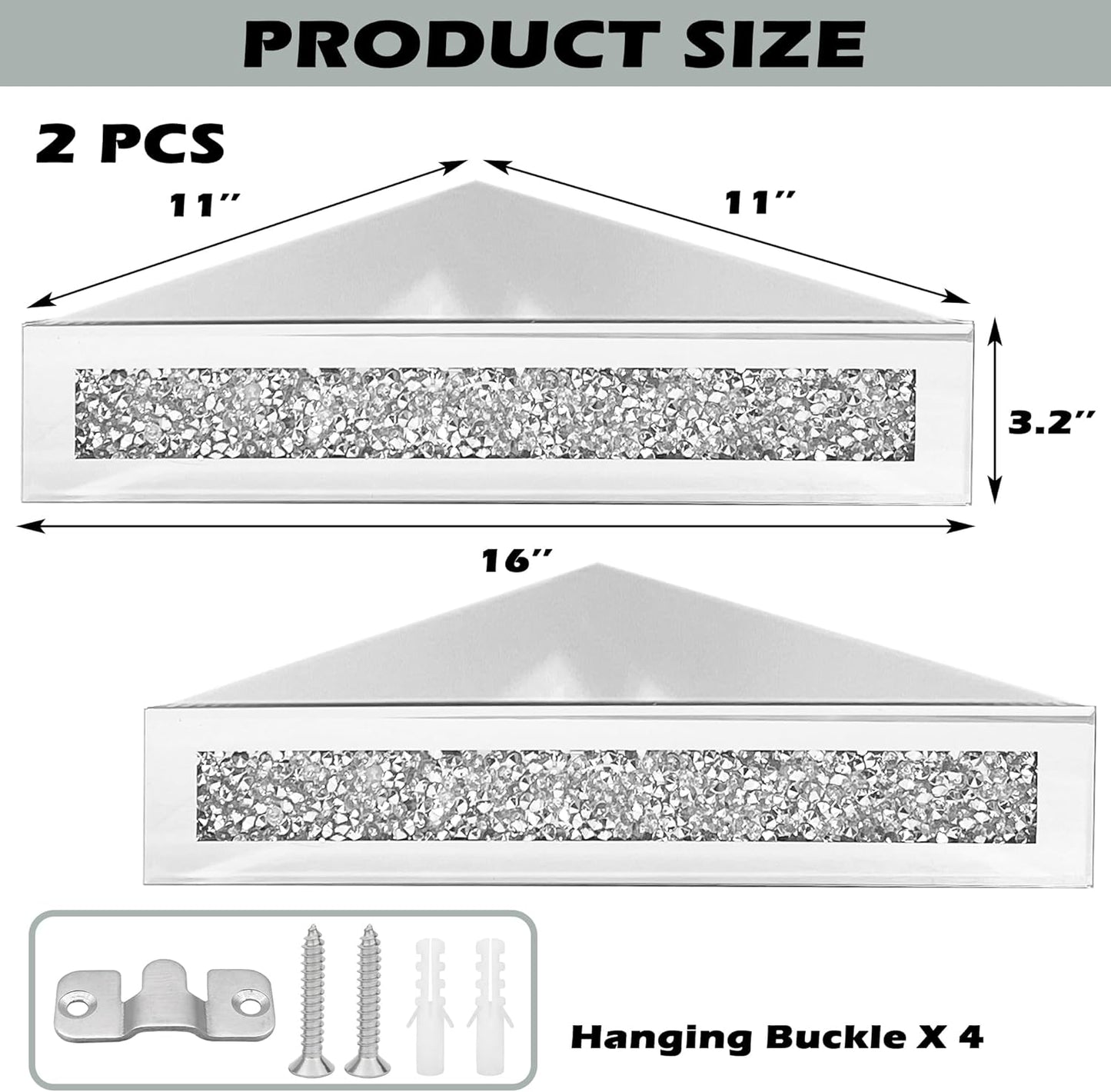 Royxen Corner Floating Shelves 2 Sets, Corner Shelf Wall Mounted Crushed Diamond, Corner Shelves Crystal Mirrored, Floating Corner Shelves for Wall