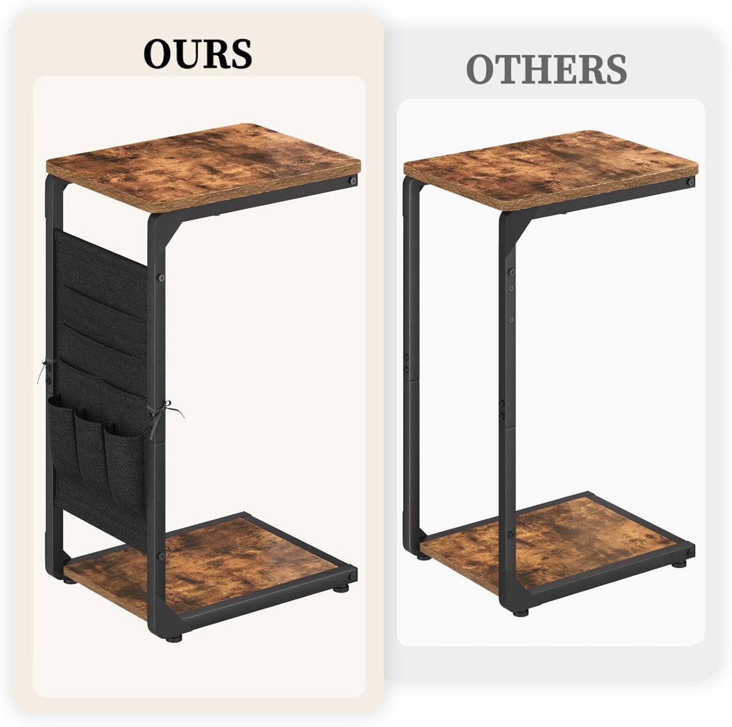 Narrow C-Shaped End Table with Storage Bag, Small Couch Side Table, Sofa TV Tray Table for Living Room, Bedroom, Bedside ET-P-BR1