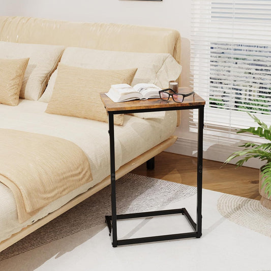 C-Shaped End Table — Slide-Under Sofa TV Tray, for Living Room / Bedroom / Home Office, Brown