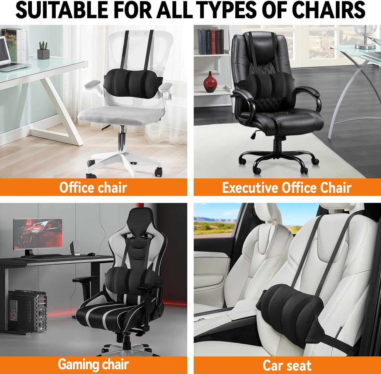 Lumbar Support Pillow for Office Chair and Car,Back Support for Office Chair Cushion,Adjustable Straps Securely Fixed Car Lumbar Support Pillow (Black, for Office Chiar)