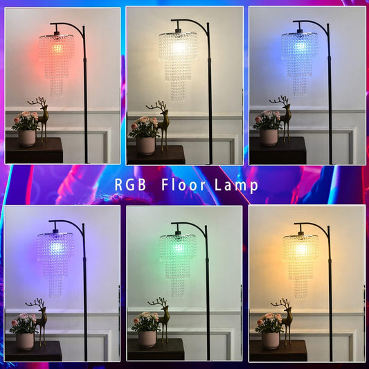 Arc Floor Lamp for Living Room Modern Floor Lamp with Remote Control,Dimmable Crystal Floor Lamps Black Standing Lamp with 10 Color Temperature Tall Chandelier Floor Lamps for Bedroom Corner