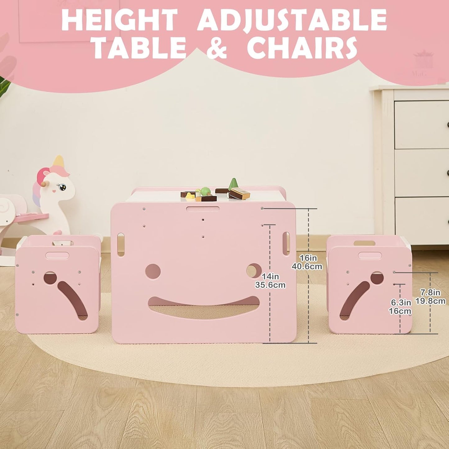FUNLIO Height Adjustable Montessori Weaning Table and Chair Set for Age 1-3, Quality Solid Wood Toddler Table and 2 Chairs, Kids Table and Chairs for Reading/Eating/Playing,CPC Certified - Pink