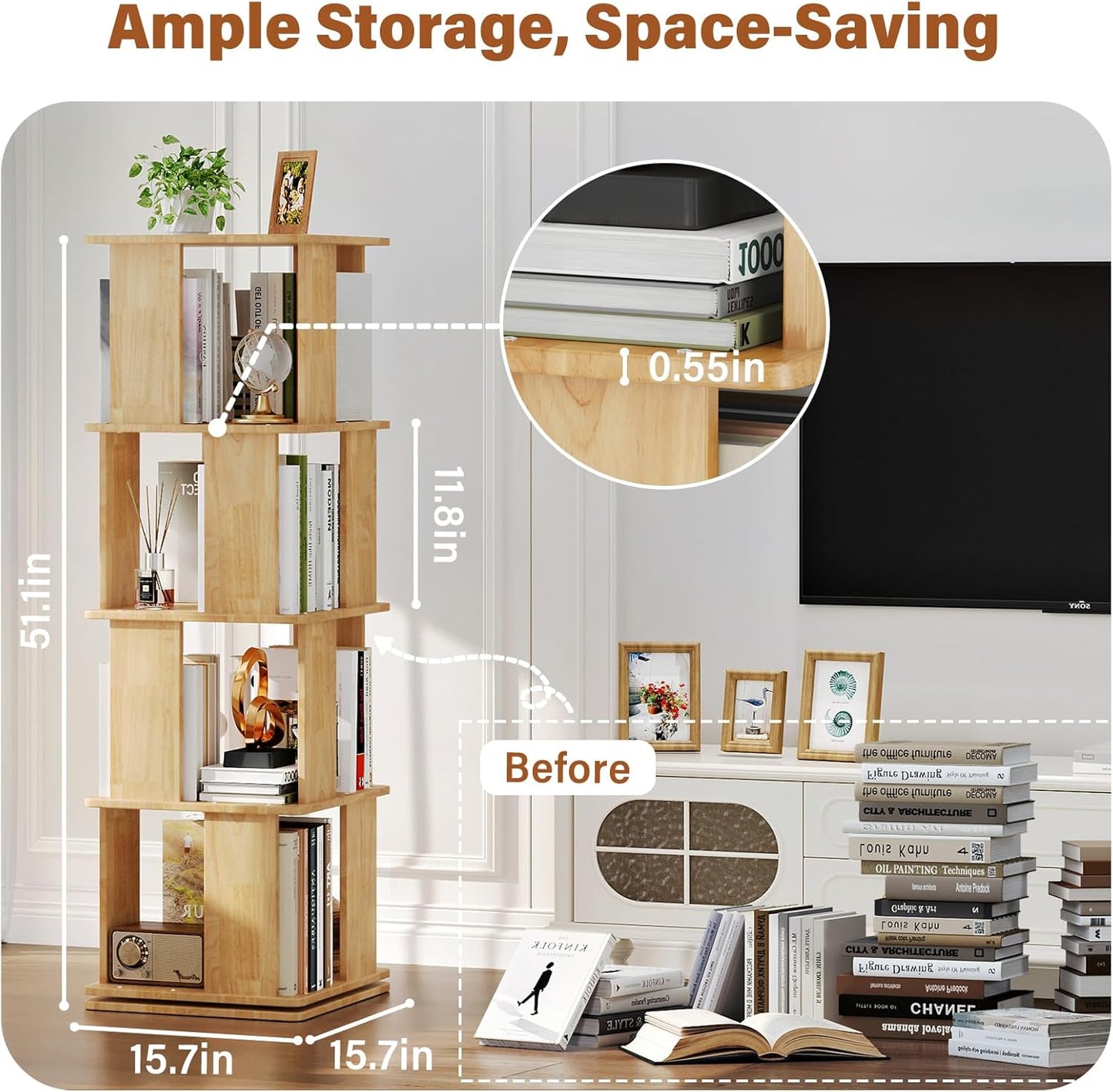 Wooden Rotating Bookshelf 4 Tier, Revolving Bookcase, 360° Spinning Book Shelf Tower Kids, Narrow Bookshelves Lazy Susan Organizer for Small Space, Corner, Bedroom, Living Room, Office, Natural