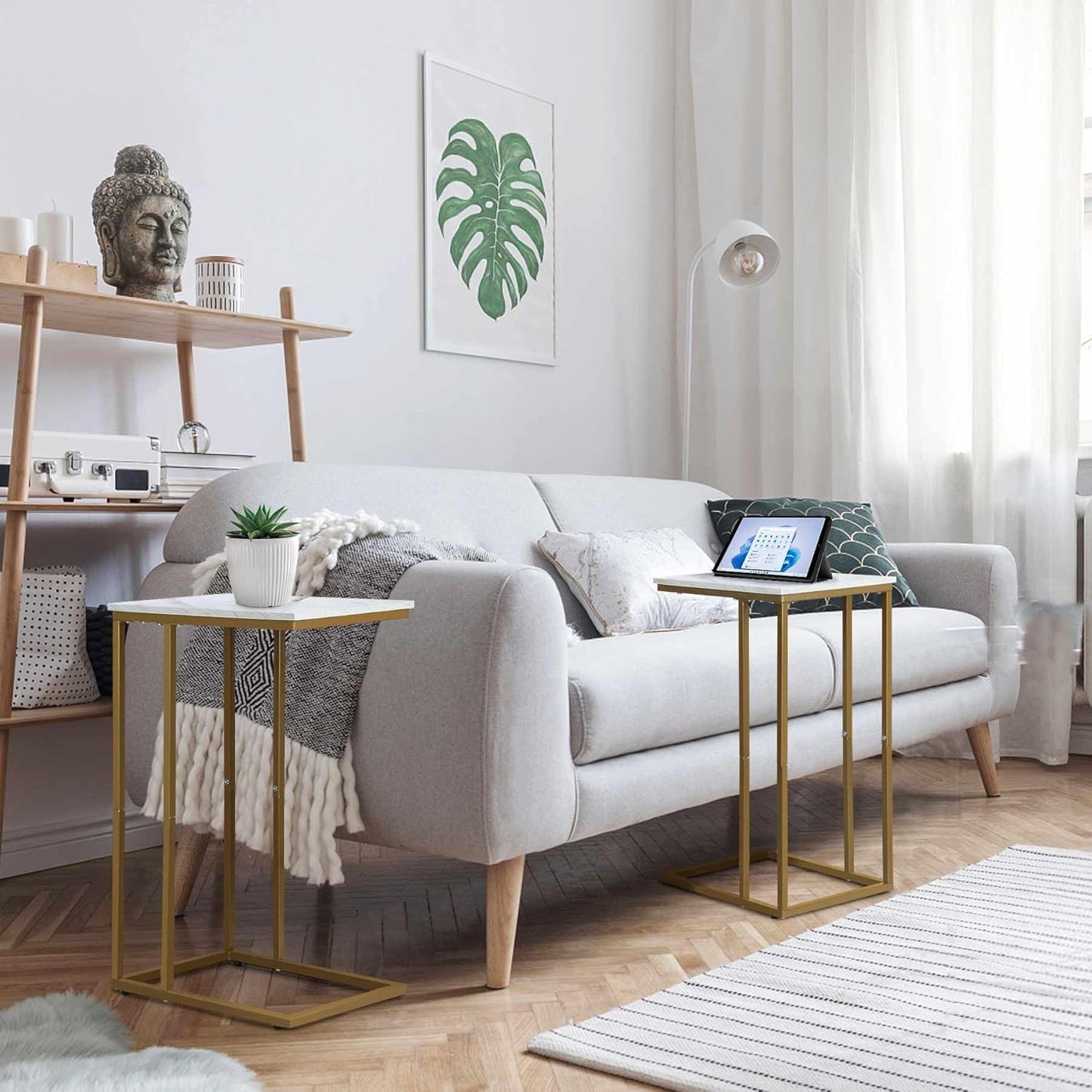 C Shaped End Table Set of 2, Small Side Table for Sofa and Bed, Couch Tables That Slide Under, Snack Side Table for Living Room, Bedroom, White Faux Marble and Gold