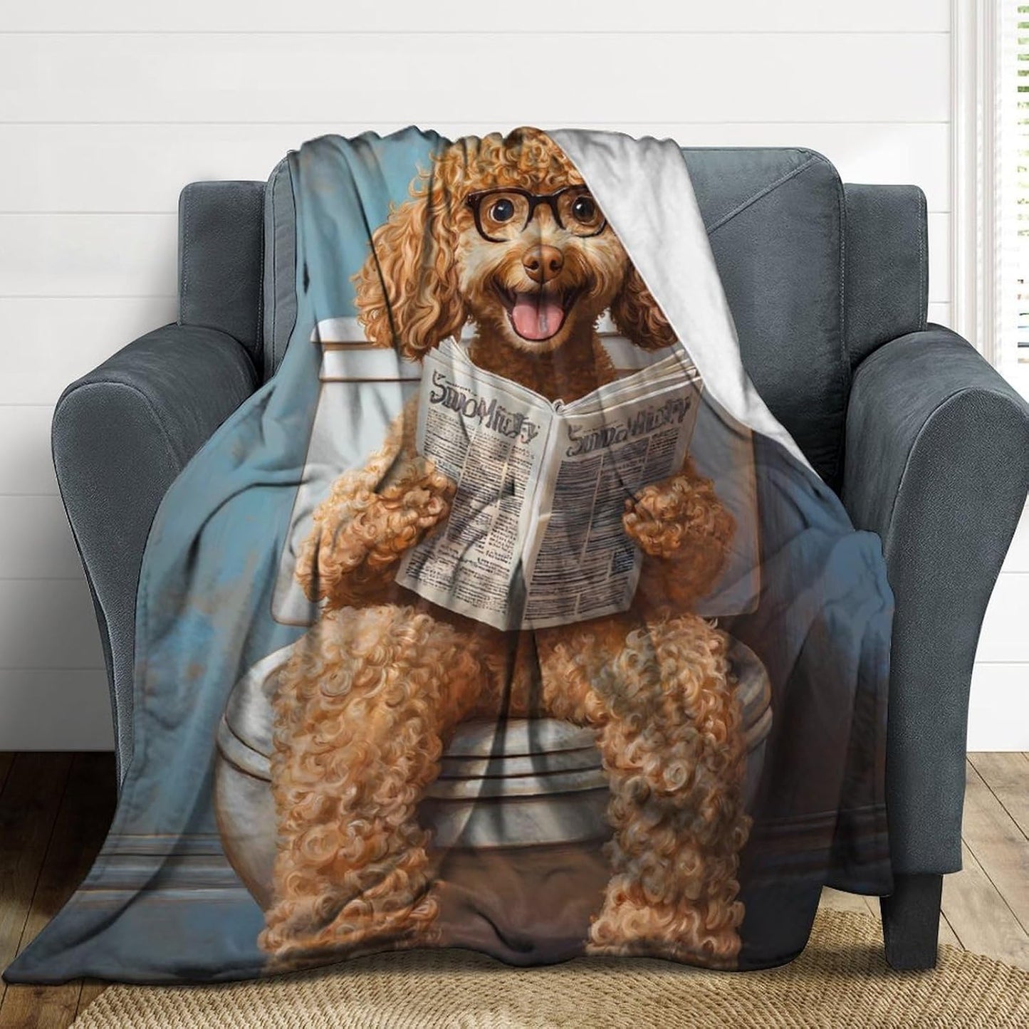 Goldendoodle on Toilet Reading Newspaper Soft Throw Blanket Flannel Warm Cozy Plush Blankets for Couch Sofa Bedroom Travel