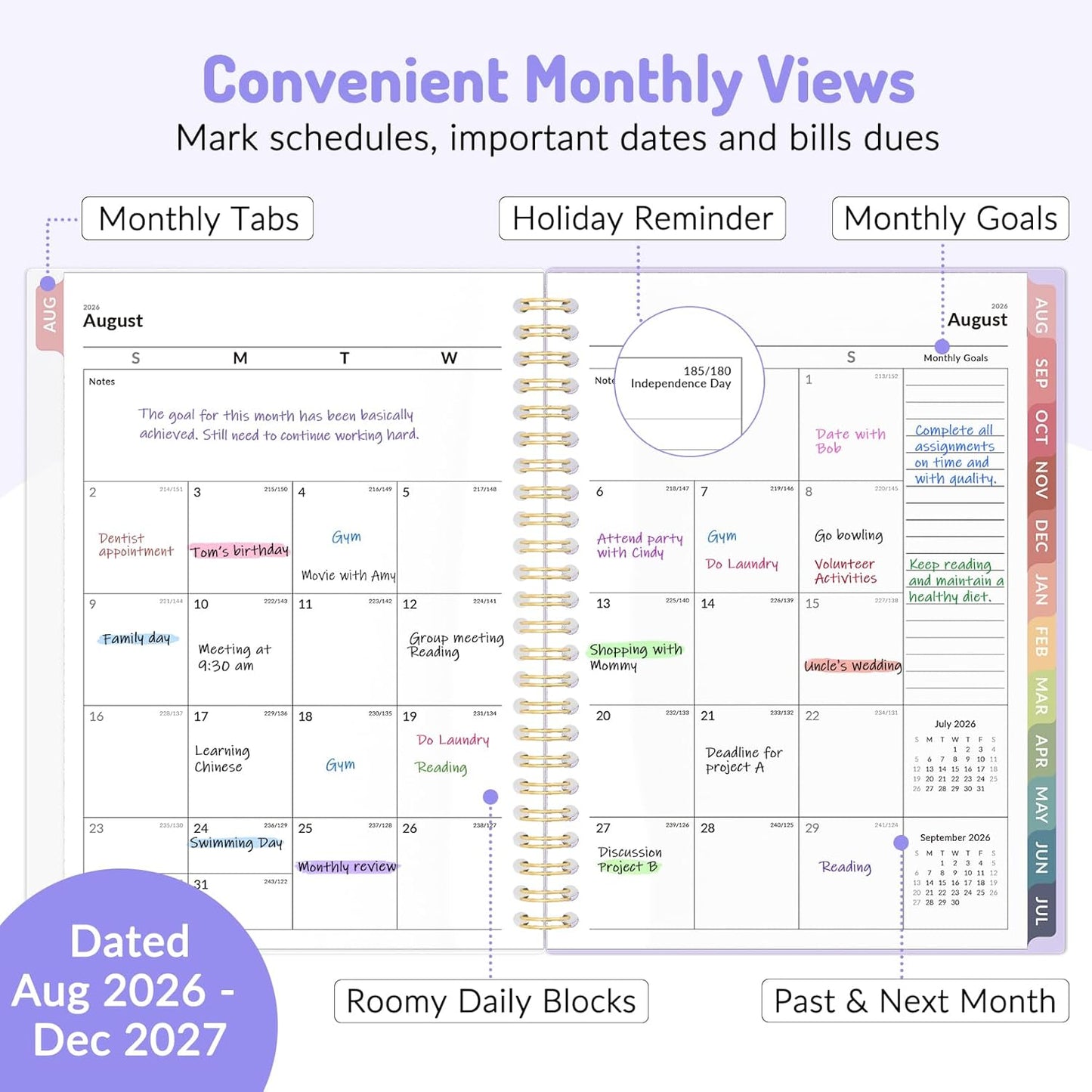 Aug 2026 - Dec 2027 Planner, Forvencer 17 Month Academic Planner 2026-2027, 6.3" x 8.4", Calendar Planner Weekly and Monthly, Daily Agenda Book, College School Supplie for Student Teacher, A5, Purple
