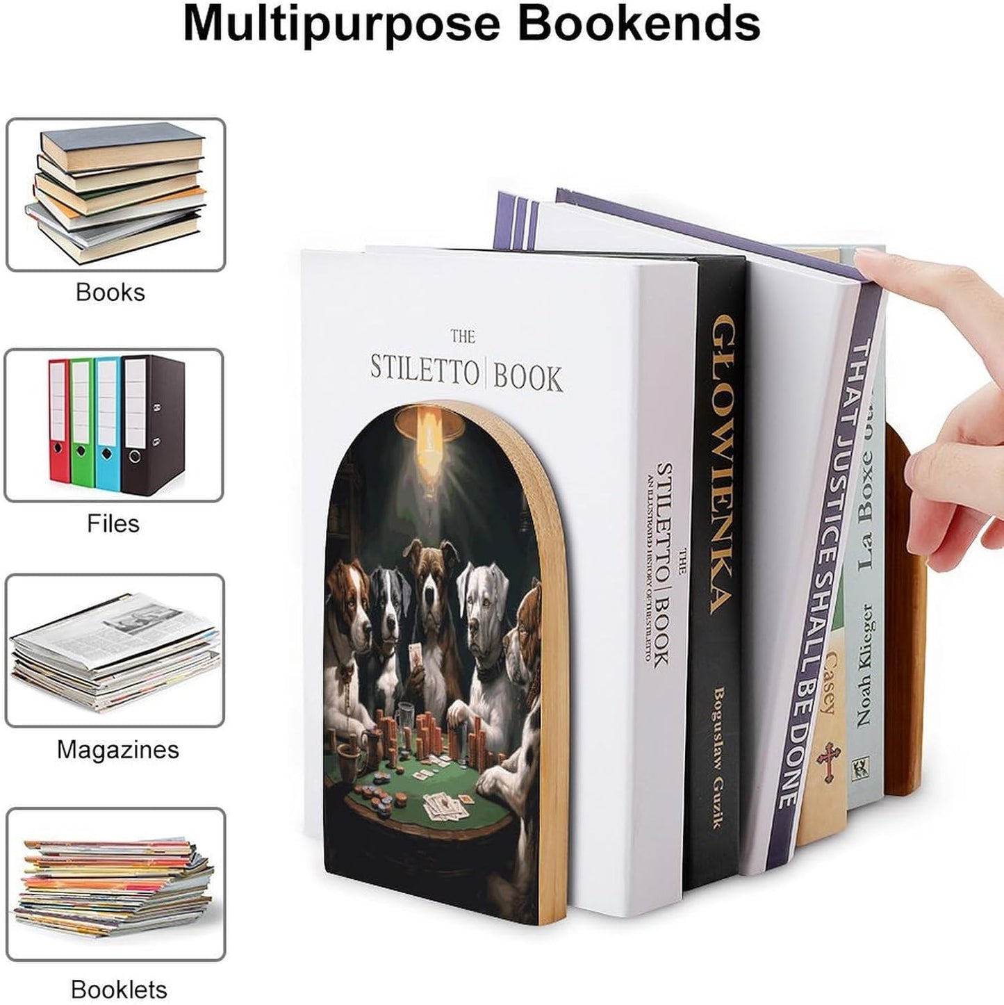 Playing Poker Dogs Bookend for Shelves Wooden Book End Large Size Sturdy Book Holders Stoppers with Metal Base for Bookshelves Slick Decorative Bookends Stands