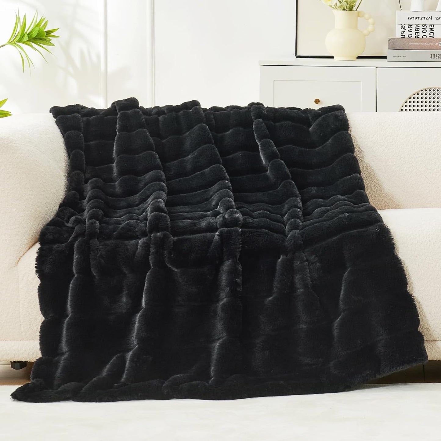 Cozy Bliss Deluxe Sheared Rabbit Faux Fur Throw Blanket, Soft Fuzzy High-Low Sculpted Plush Blanket for Couch, Cozy Home Accent, All Season Use, Black 60"x80"