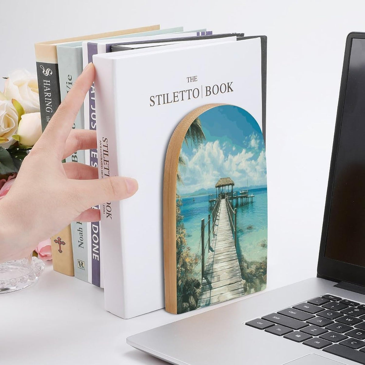 Tropical Pier Wooden Bookend Non-Slip Book Ends Heavy Duty Book Stopper with Metal Base Books Holderd Decorative Bookends Stands Firmly for Office Supplies
