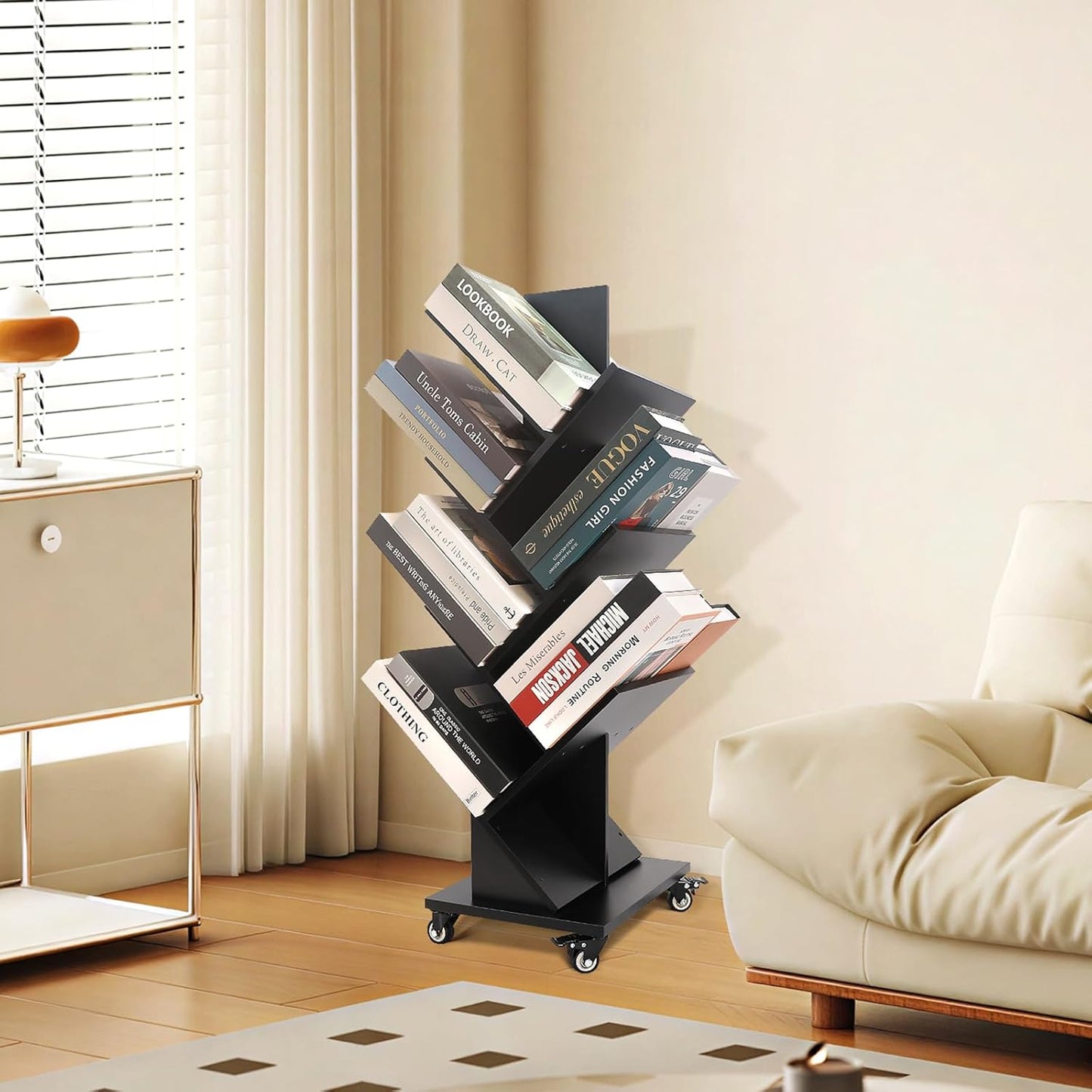 Homaterial 360°Rotating Tree Bookshelf - 7 Tier Space Saving Bookshelf, Corner Shelf for Small Spaces Black