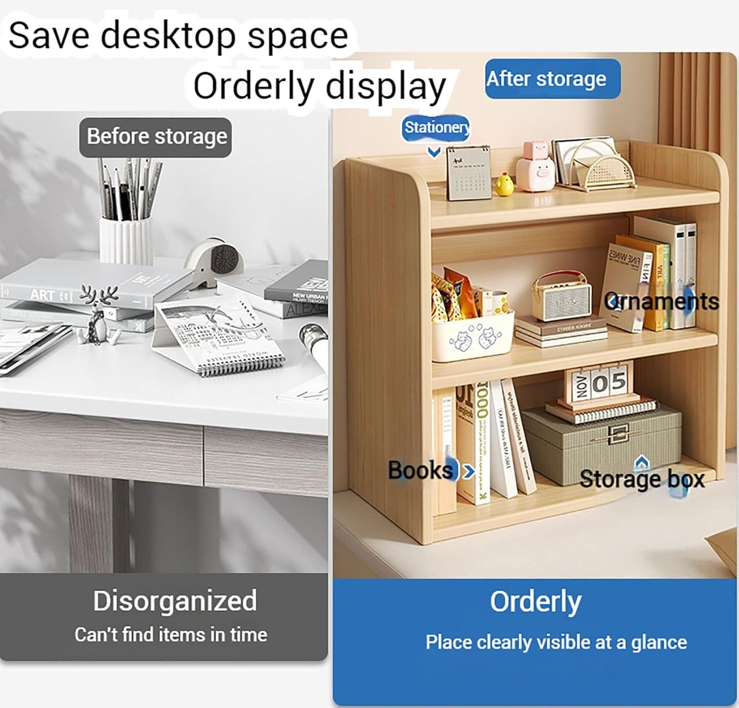 3-Tier Solid Wood Desktop Bookshelf, Freestanding Corner Shelf for Small Spaces, Modern Horizontal Bookcase (50x20x65CM, Color B) - Perfect for Home or Office