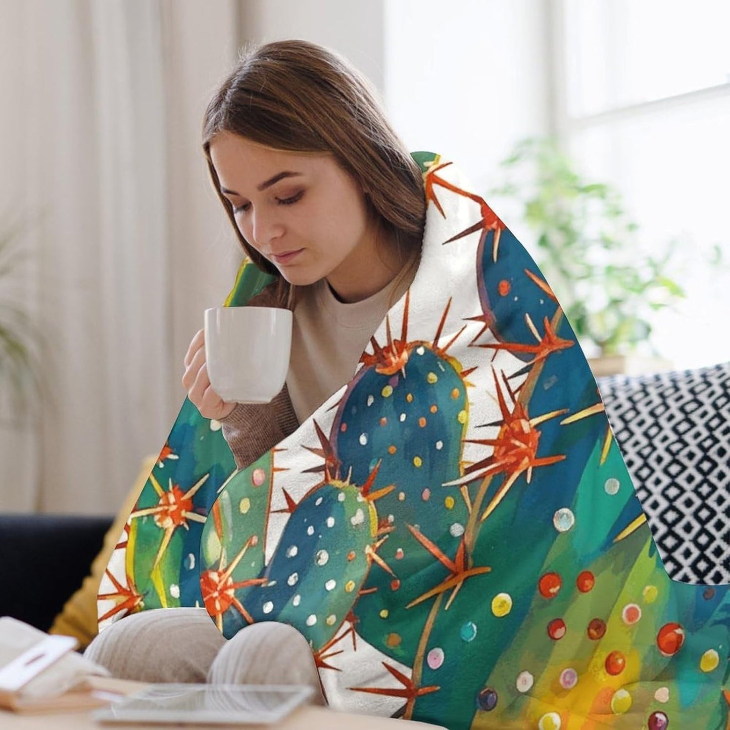 Cute Cactus Seamless Illustration Blanket Super Soft Lightweight Throw Blanket Cute Cozy Warm Bed Blanket Decorative Fuzzy Blanket All-Season Home Decor Gift for Sofa Couch Living Room 50"*60"（130*150
