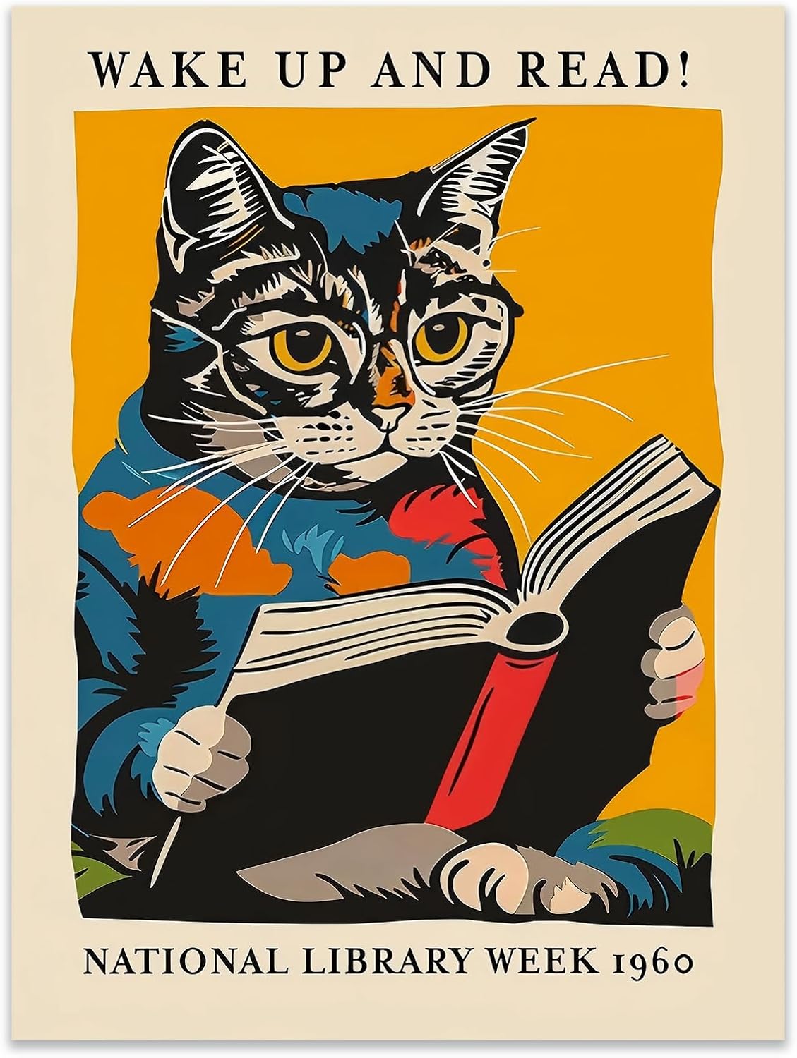 Vintage Cat and Book Poster Wall Art, Wake Up and Read Canvas, 1960 National Library Week Picture Prints Wall Decor for Book Lovers Bedroom 12x16 Inch Unframed