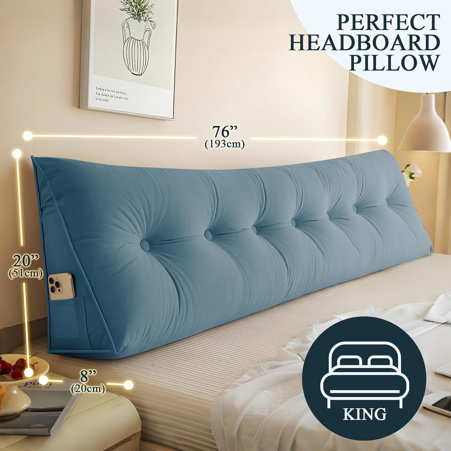 Headboard Pillow King, Large Triangular Wedge Headboard Pillow for Reading and Resting, Backrest Positioning Support Pillow with Removable Cover (Light Blue)