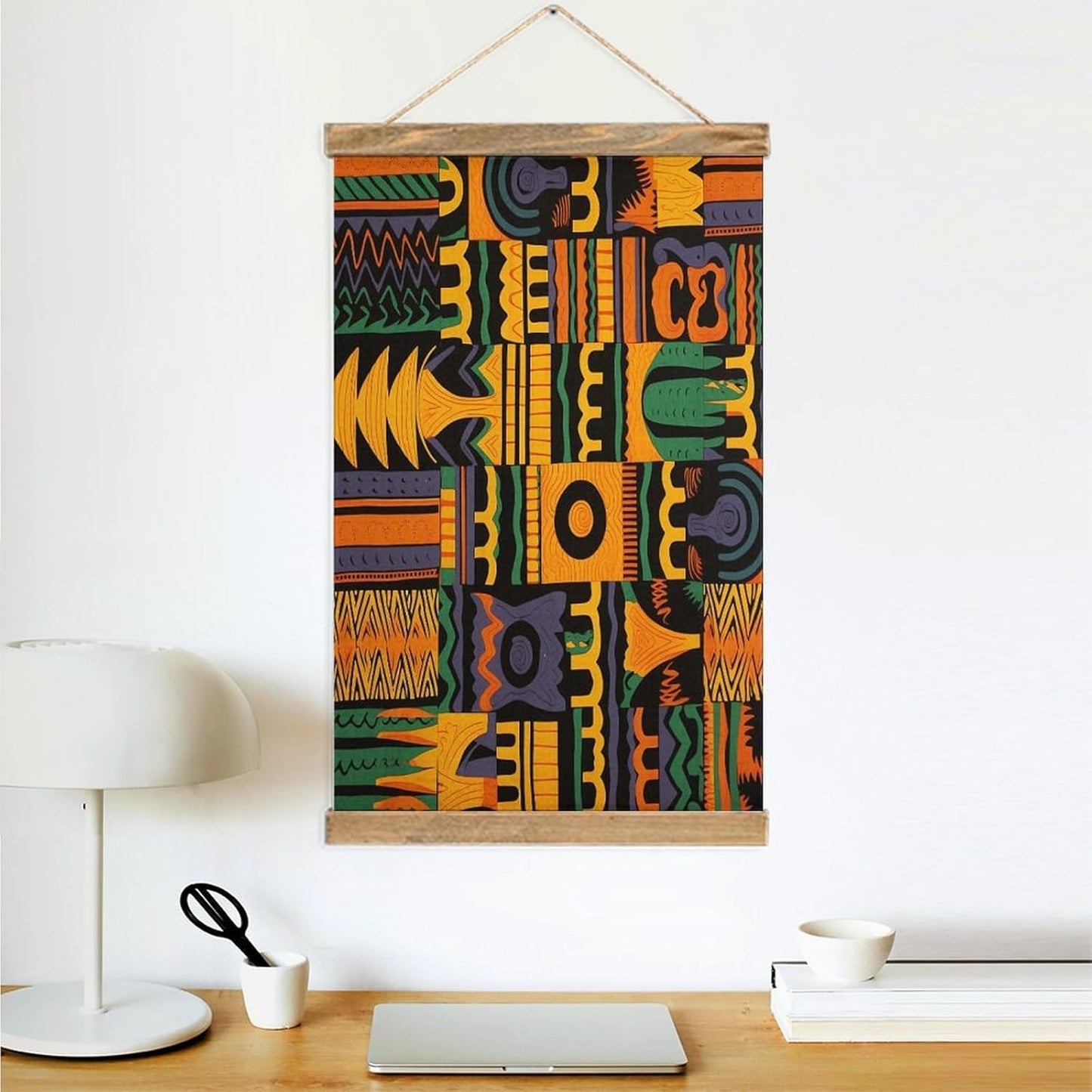 Vintage African Ethnic Pattern Poster with Wooden Frame Personalized Linen Hanging Scroll Painting Rustic Wall Hanging Illustrative Modern Artwork Decor for Home Living Room Bedroom Office