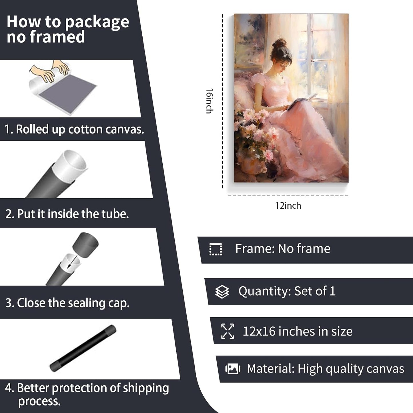 Huabsad Vintage Portrait Oil Painting Wall Art Retro Pink Girl Reading A Book Posters Famous Antique Female Canvas Pictures Prints Wall Decor Aesthetic for Bedroom Gallery Dorm 12x16in Unframed