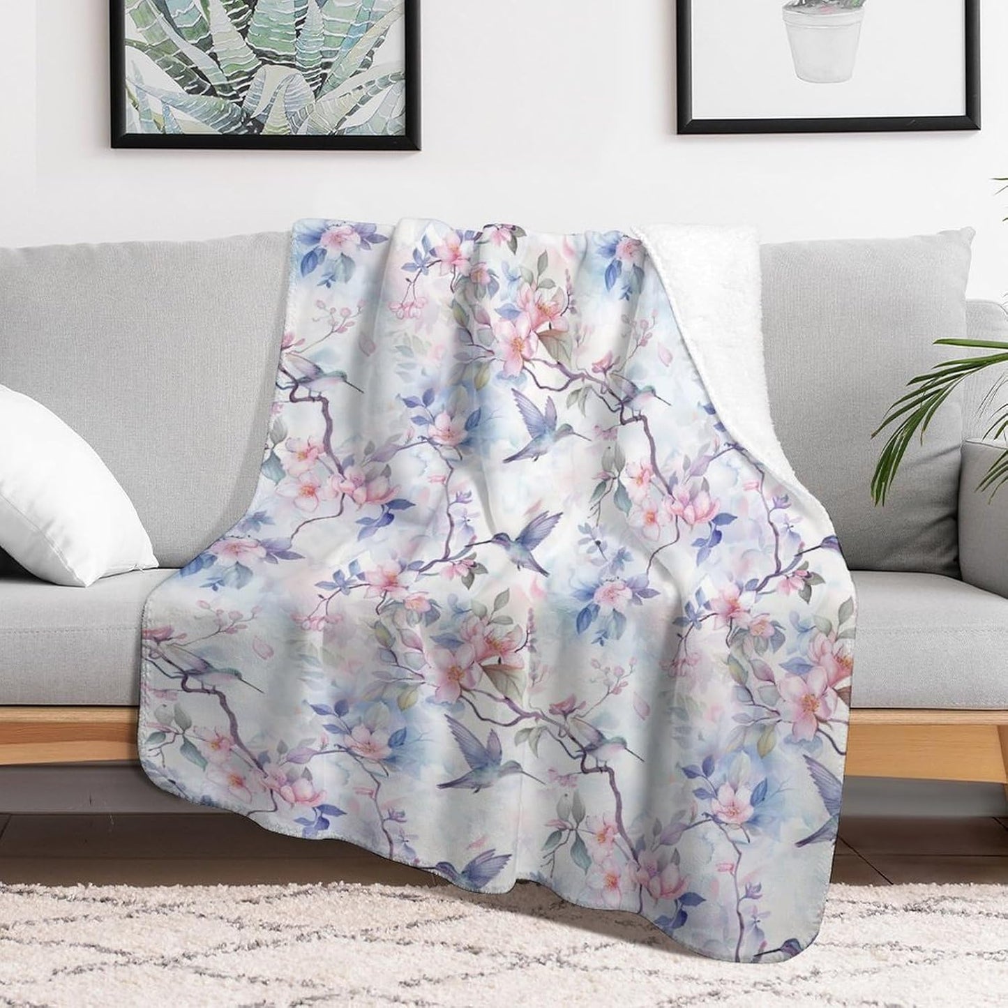 Floral Hummingbird Blanket Gifts for Women Kids, Watercolor Flower Bird Fleece Blankets, Cozy Plush Flannel Throw for Couch, Bed, Living Room Decor 50"x60"