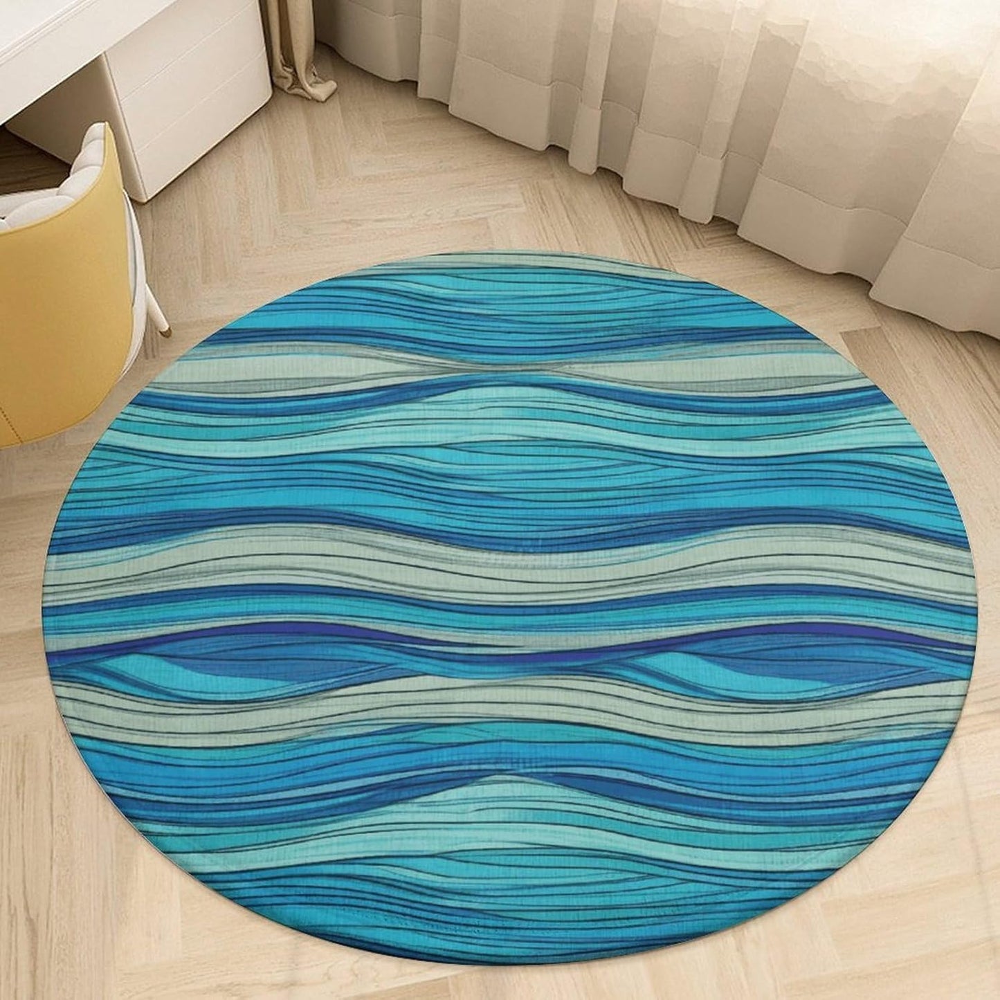 Ocean Stripe Pattern Circle Rug Retro Luxury Coral Velvet Floor Mat Non Slip Soft Indoor Floor Carpet Comfy Thickened Area Rugs Modern Aesthetic Minimalist Carpets for Home Decor