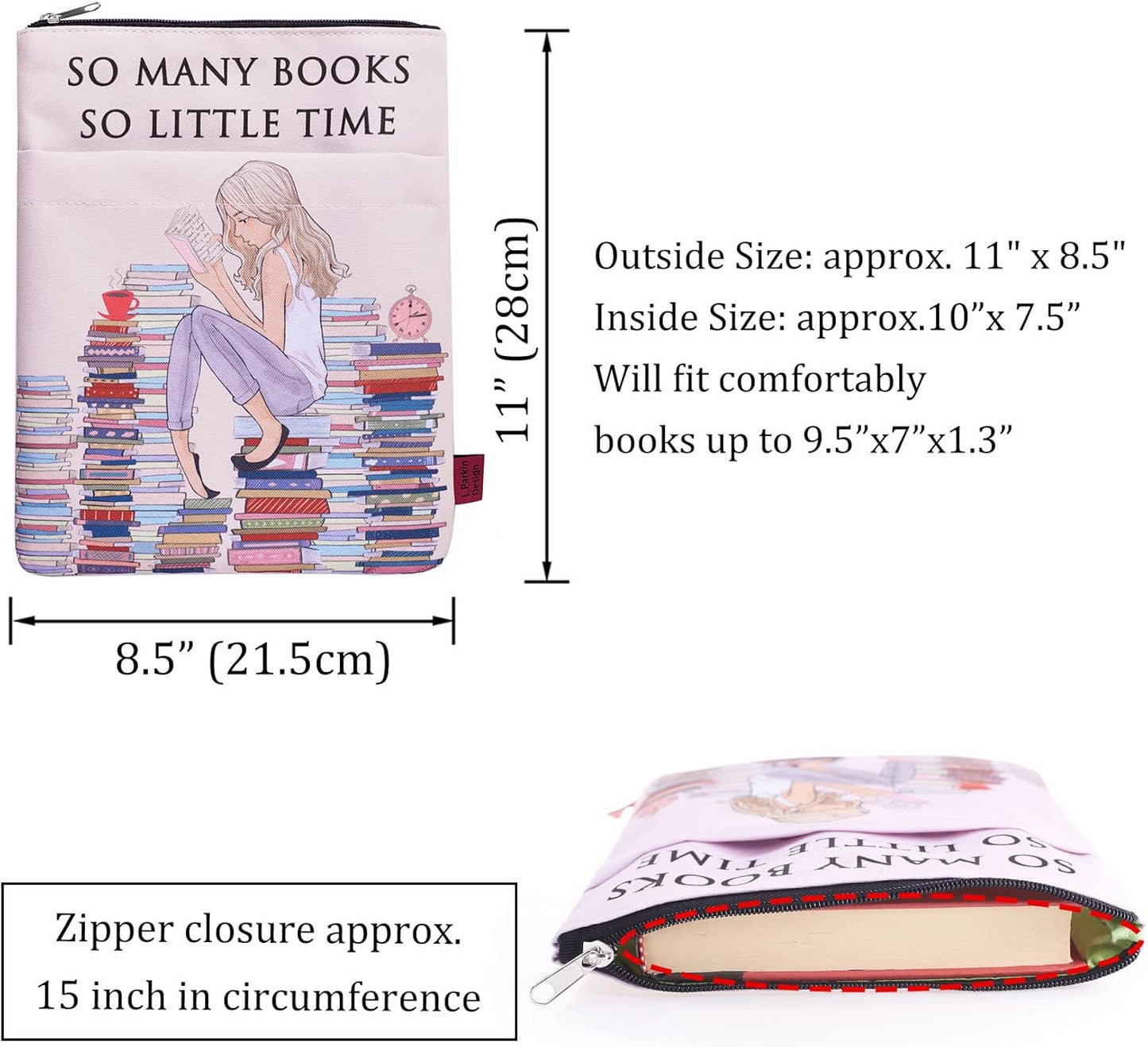 So Many Books So Little Time Book Sleeve with Zipper, Book Covers for Paperbacks, 11 X 8.5 Inch, Bookish Gift for Girl